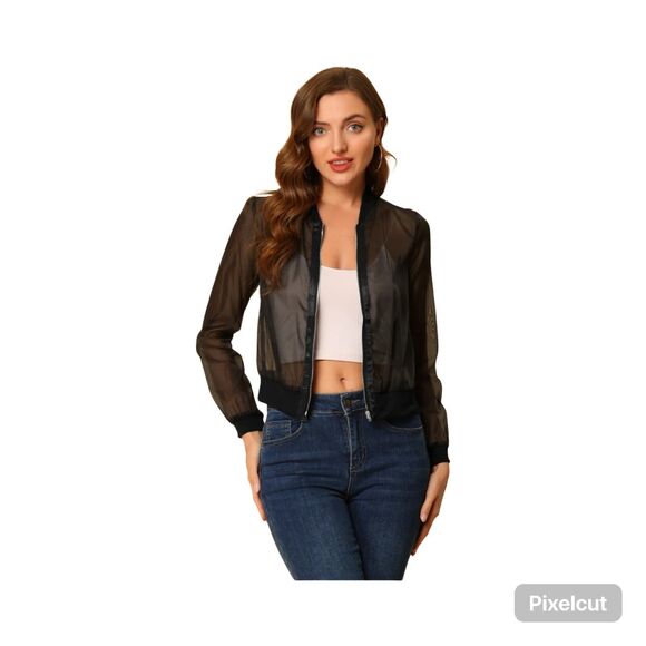 NWOT  Lg Allegra K Zip Up See Through lightweight long sleeve mesh bomber jacket - Picture 1 of 10